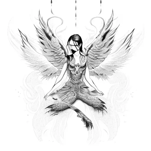 A Fallen Angel With Neontribal Patterns Surrounded By Flowing Liquid