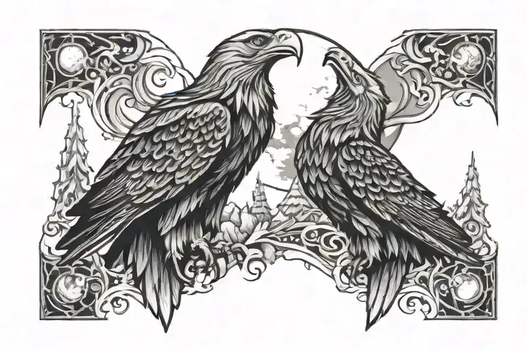 Eagle And A Wolf Howling At The Moon