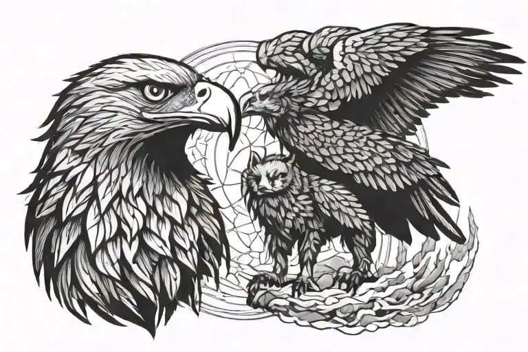 Eagle And A Wolf Howling At The Moon Merging Together