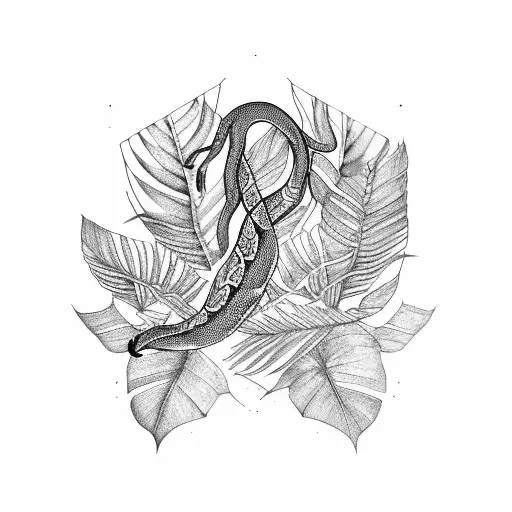 A Snake Intertwined With A Monstera Leaf