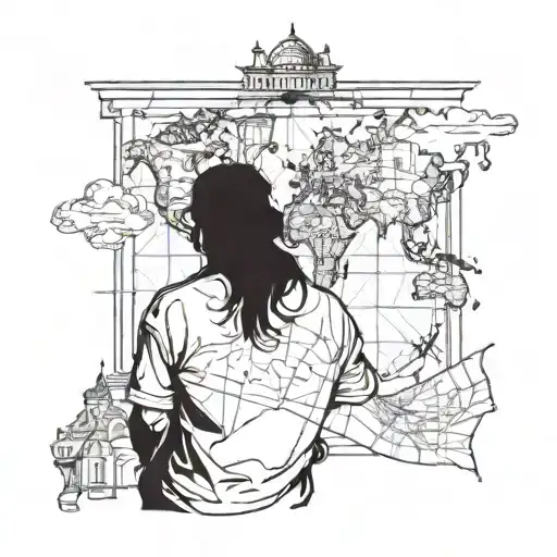 A Silhouette Of A Traveler Looking At A Map With Landmarks In The Background