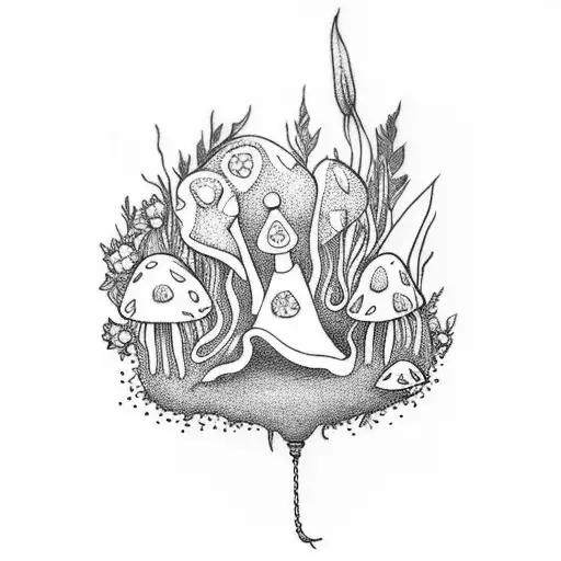 Fairy Garden Hand Tattoo With Mushrooms