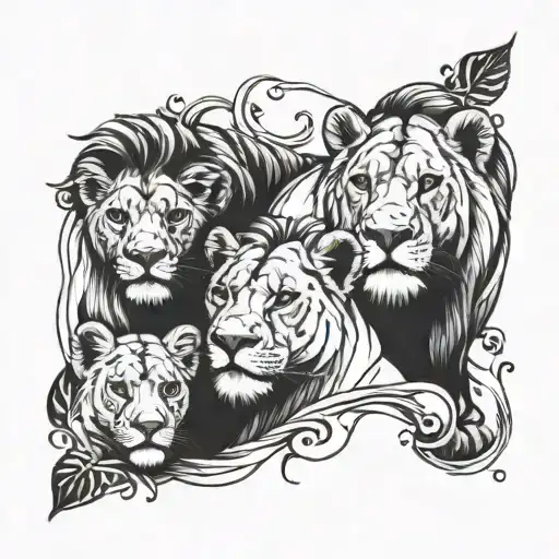 Lioness And Three Lion Cubs