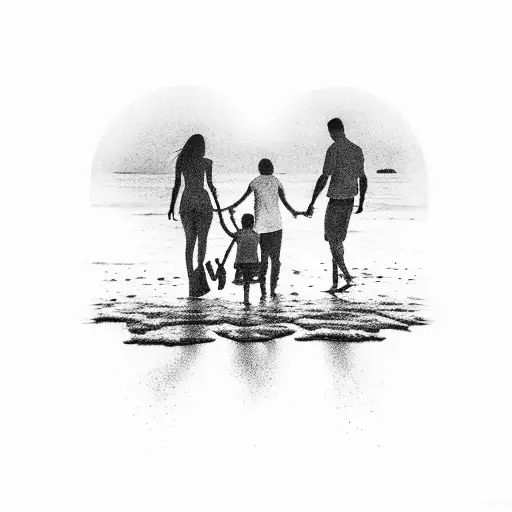 A Silhouette Of A Family Walking On The Beach At Sunrise