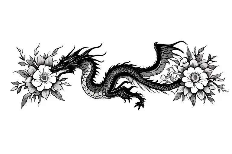 Dragon Flying And Flowers And Sun