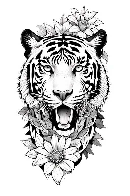 Flowers With Tiger Heads Mandala Design Incorporating Elements