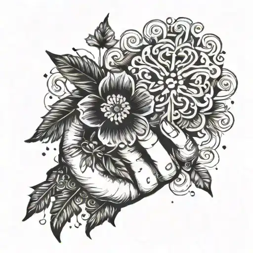 Tattoo On The Palm Of The Hand Of Feathers And Clover On Fire