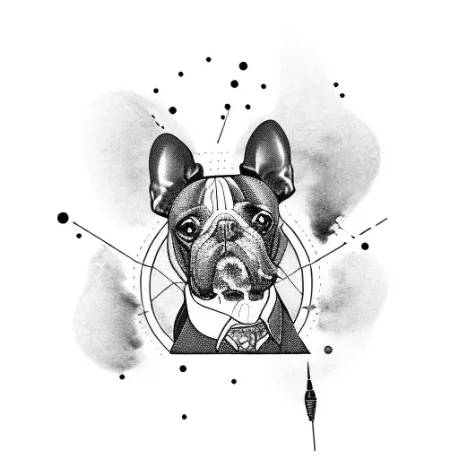 A Blackwork Tattoo Of A Dog Dj Mixing Music In Front Of The Eiffel Tower