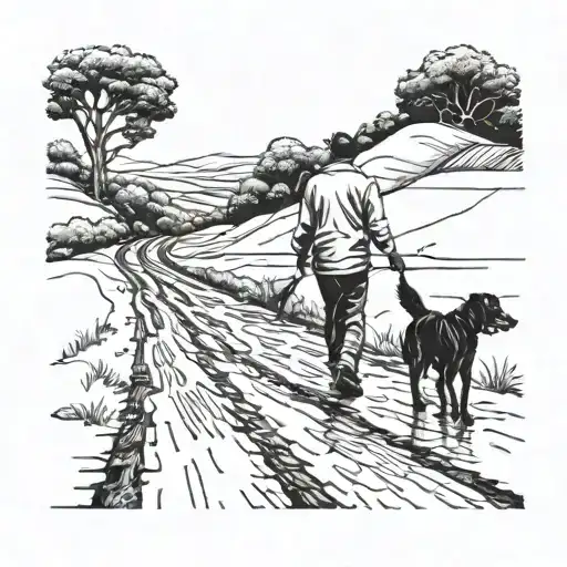 Man And Dog Walking Next To Eachother On An Endless Road
