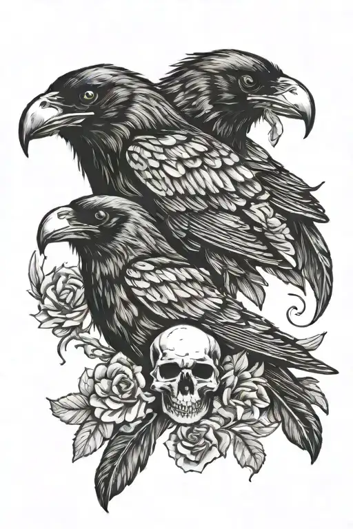Two Ravens With Skull