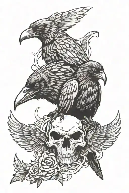 Three Evil Ravens With Skull