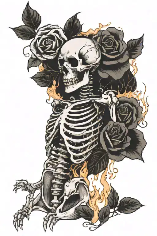 Skeleton Burn In Fire While Rose Bloom