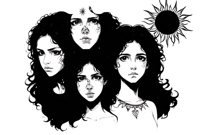 4 Girl Head With Emotions Representing Mental With Medieval Sun And