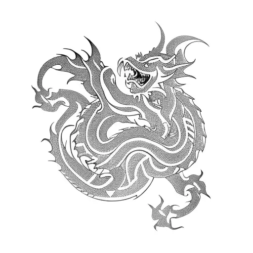 A Tribal-inspired Arm Tattoo Featuring A Dragon Surrounded By Traditional Japanese Symbols