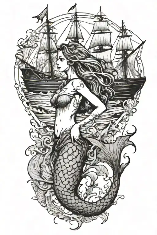 Mermaid With A Sailing Ship Sailing