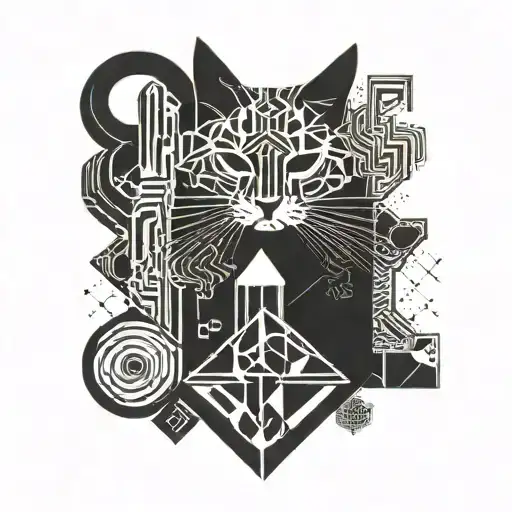 A Geometric Design Incorporating Musical Notes And Symbols With A Silhouette Of A Cat