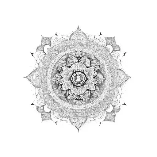 A Mandala Design Incorporating Religious Symbols And Elements Of Nature