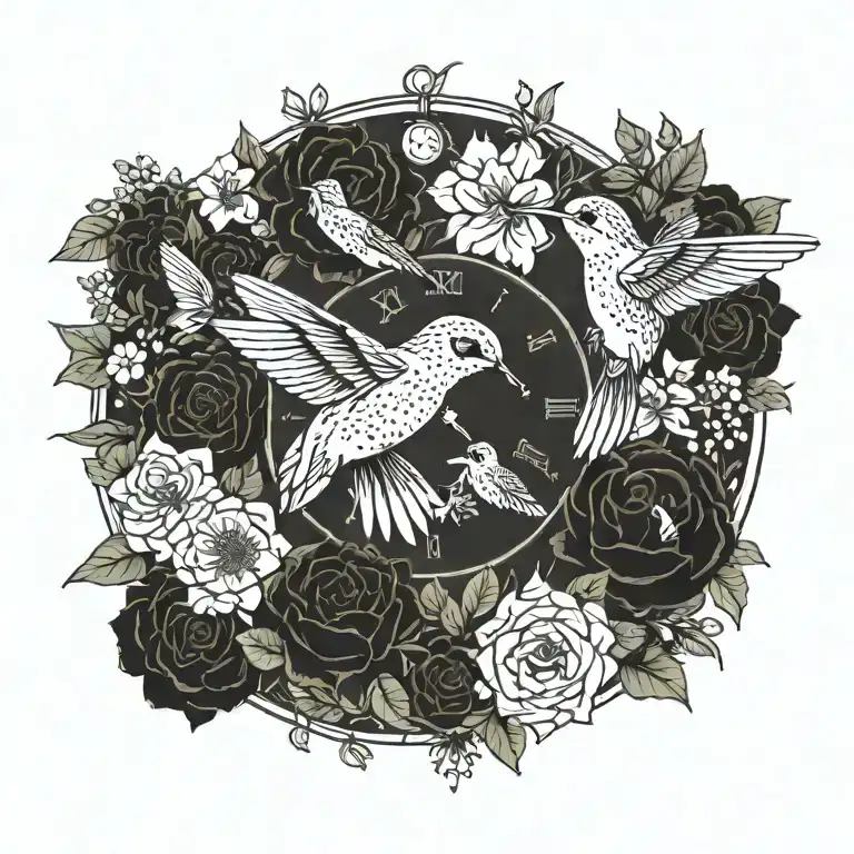 3 Clock Faces In Flower Bouquet With Greenery And A Hummingbird