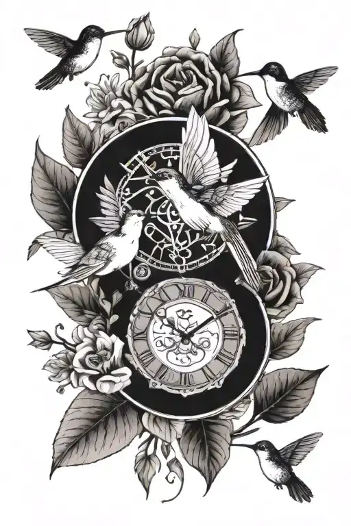 3 Clock Faces In Flower Bouquet With Greenery And A Hummingbird