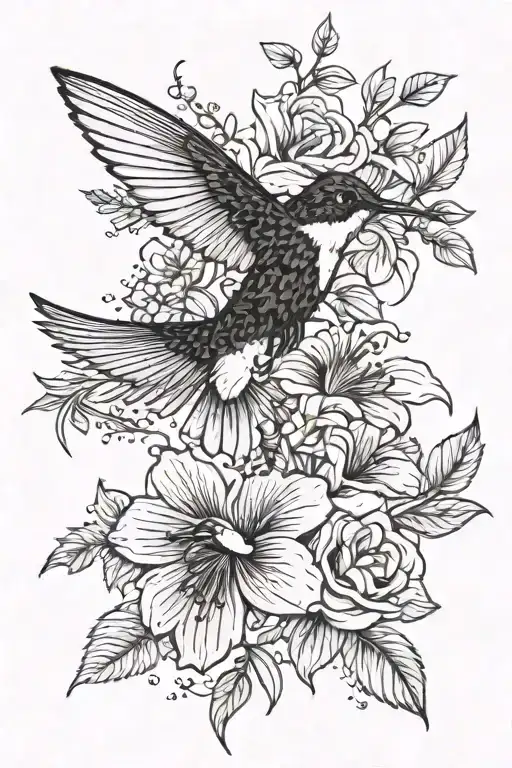 Flower Bouquet With Greenery And A Hummingbird Hovering