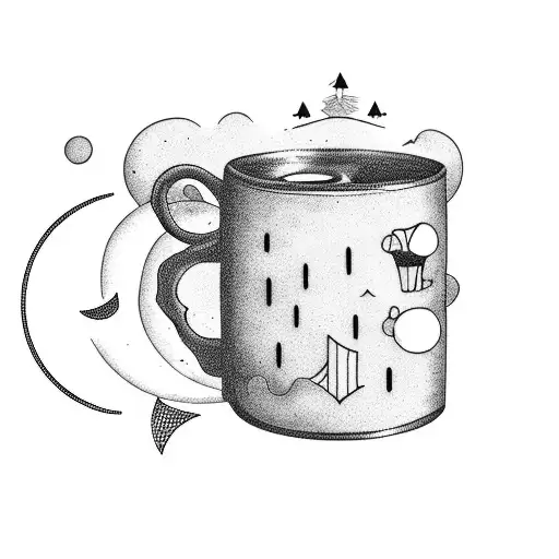 A Coffee Mug Floating In The Sky With A Sunset Background