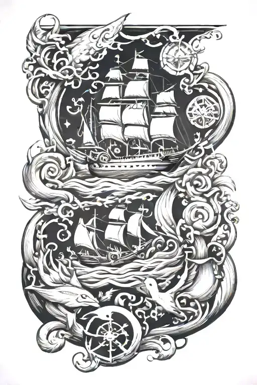 Ship Sleeve Featuring Sea Animals And An Anchor