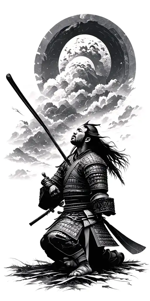 Samurai Warrior Kneeling On The Battlefield And Looking Up To The Sky