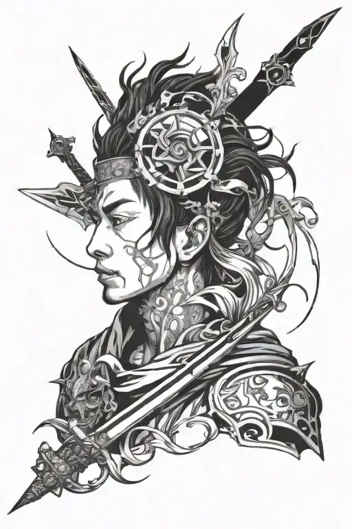 Portrait Of Emilio Surrounded By Mystical Anime Creatures And Swords