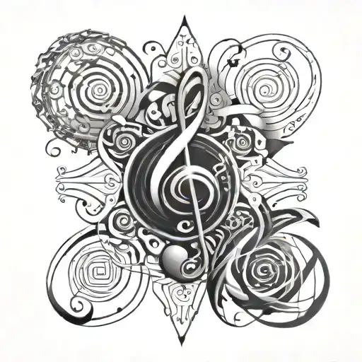 Swirling Design With Geometric Shape In Middle And Music Notes Flowing