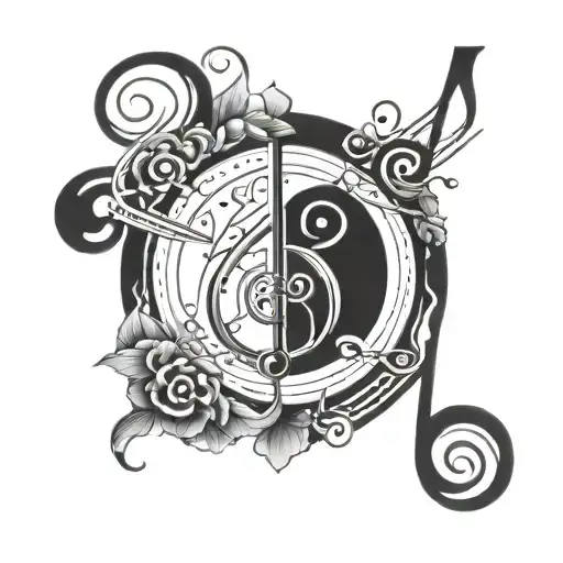 Swirling Design With Geometric Shape In Middle And Music Notes Flowing