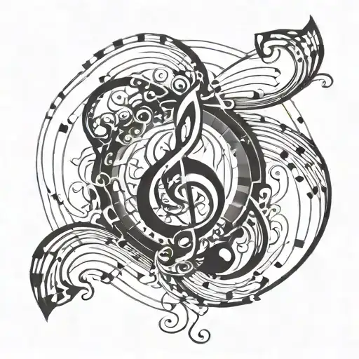 Swirling Design With Geometric Shape In Middle And Music Notes Flowing