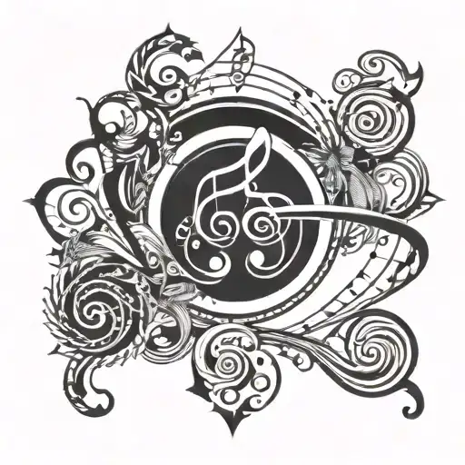 Swirling Design With Geometric Shape In Middle And Music Notes Flowing