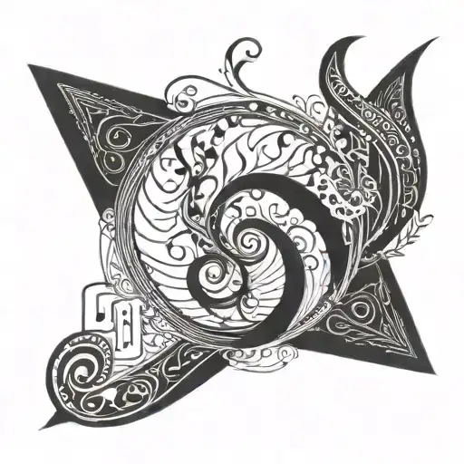 Swirling Design With Geometric Shape In Middle And Music Notes Flowing
