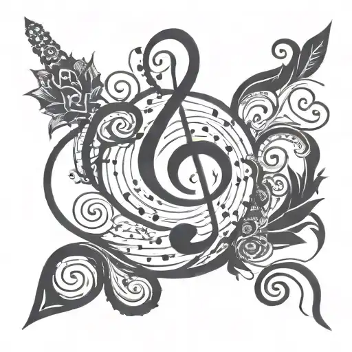 Swirling Design With Geometric Shape In Middle And Music Notes Flowing
