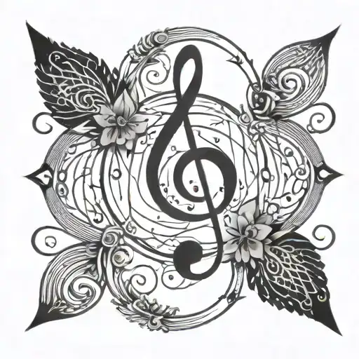 Swirling Design With Geometric Shape In Middle And Music Notes Flowing