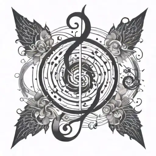 Swirling Design With Geometric Shape In Middle And Music Notes Flowing