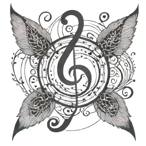 Swirling Design With Geometric Shape In Middle And Music Notes Flowing