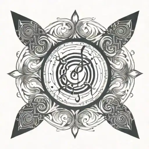 Swirling Design With Geometric Shape In Middle And Music Notes Flowing
