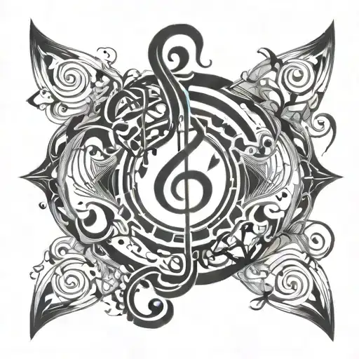 Swirling Design With Geometric Shape In Middle And Music Notes Flowing