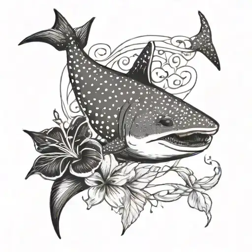 A Blackwork Tattoo Of A Whale Shark With A Hibiscus Flower In The Background