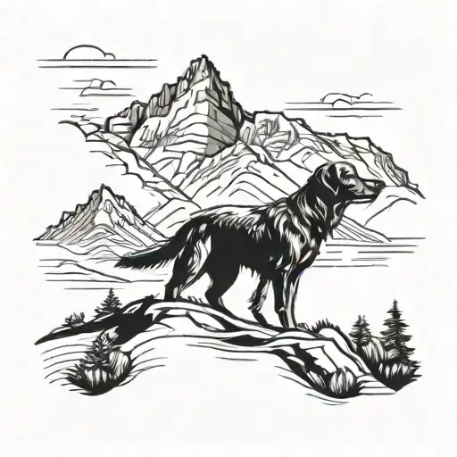 A Majestic Mountain Landscape With A Silhouette Of A Dog Hiking In The Foreground