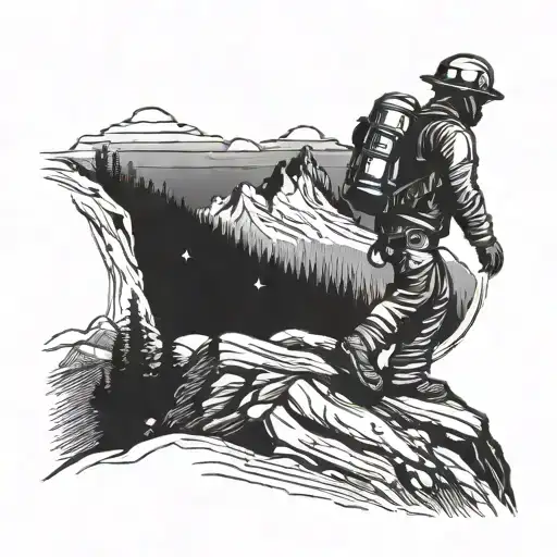 A Silhouette Of A Firefighter Hiking Up A Mountain With A Space Background