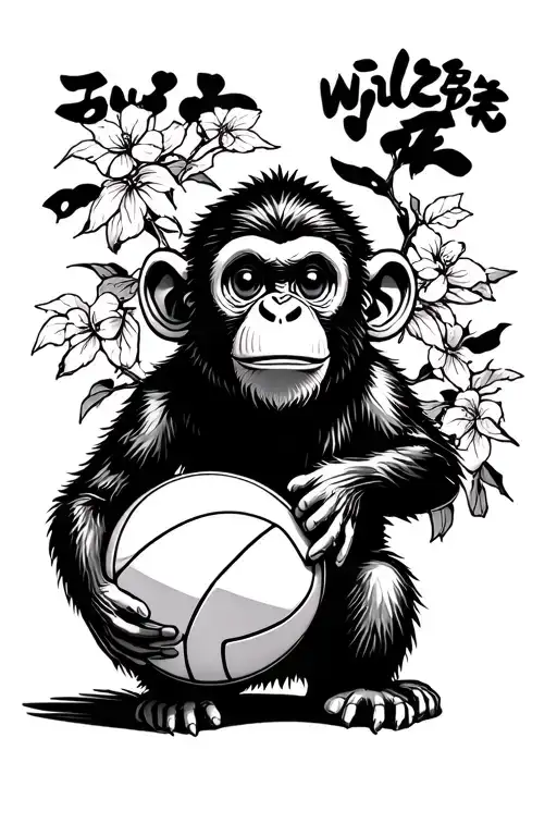 Small Monkey Style Ouistiti Holding Volleyball Wilson With A Japanese Background