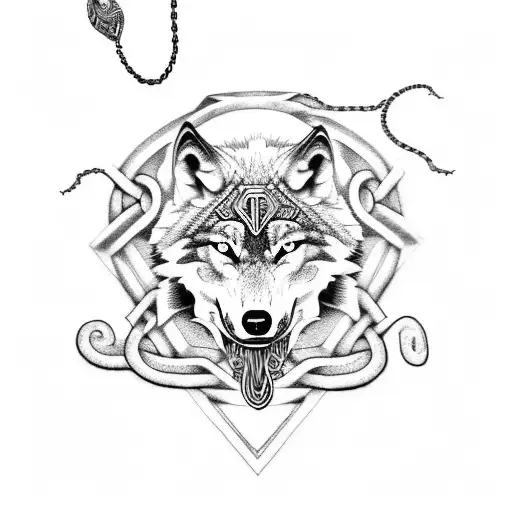 Wolf And Snake With Viking Runes And Chains Around Bicep
