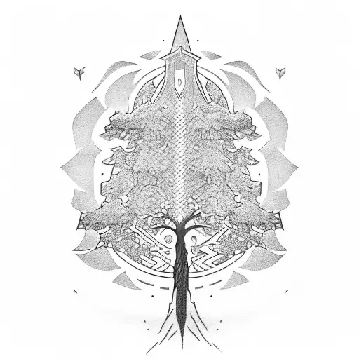 A Stylized Tree Of Gondor And The Broken Narsil Sword In A Blackwork Design