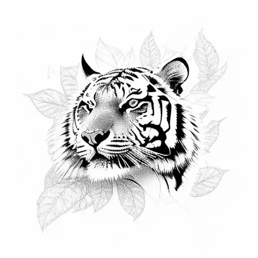 A Majestic Tiger Surrounded By Lush Greenery And Flowers