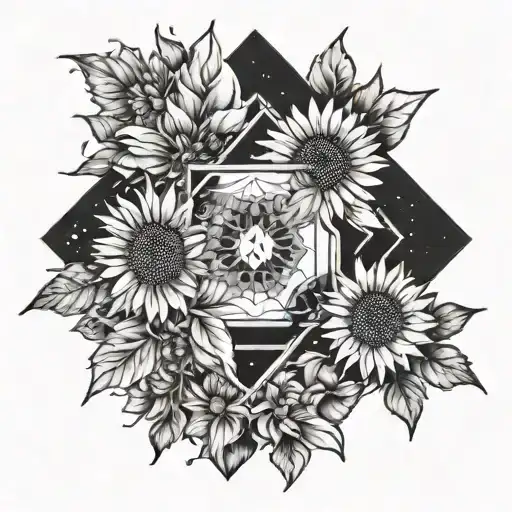 Rhombus That Has A Galaxy In The Center And The Edge Is Surrounded By Flowers And Sunflowers