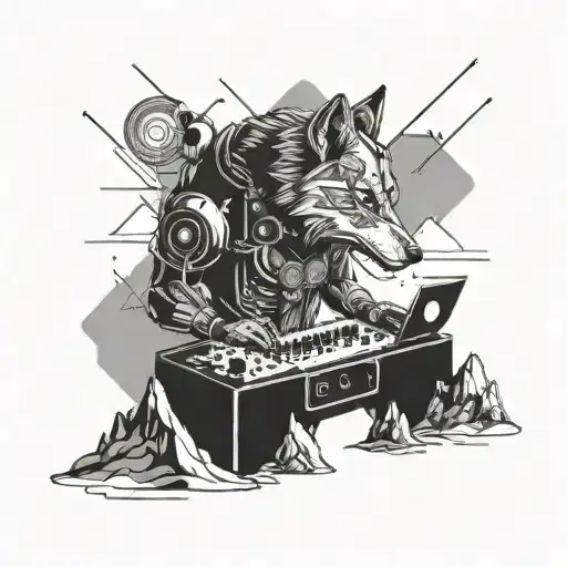 A Futuristic Cyborg Wolf Dj Mixing Electronic Music In A Mountain Landscape
