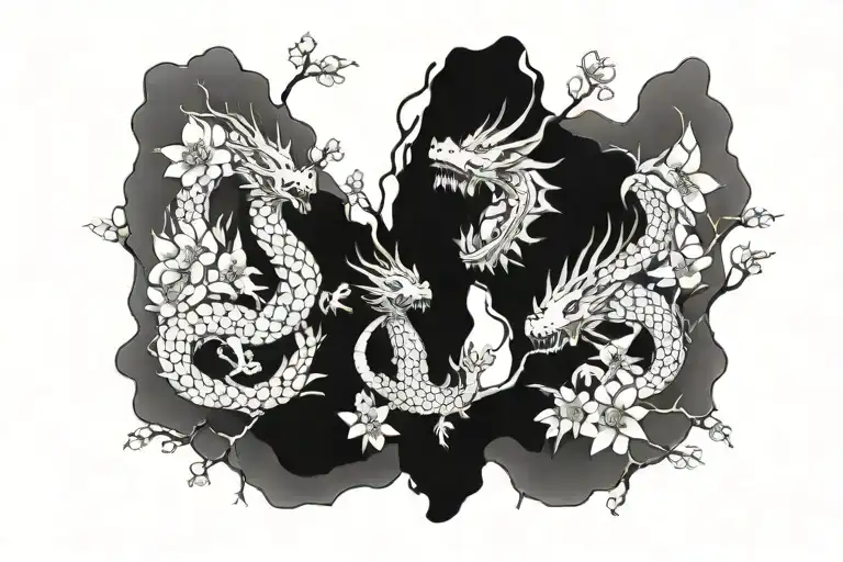 Two Dragons Emerging From A Cherry Blossom Tree