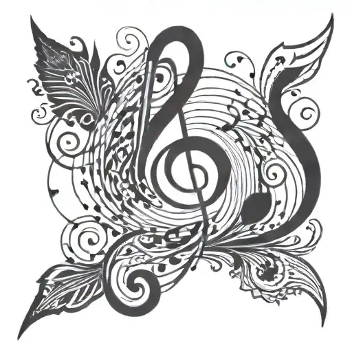 Swirling Design With Geometric Shape In Middle And Music Notes Flowing